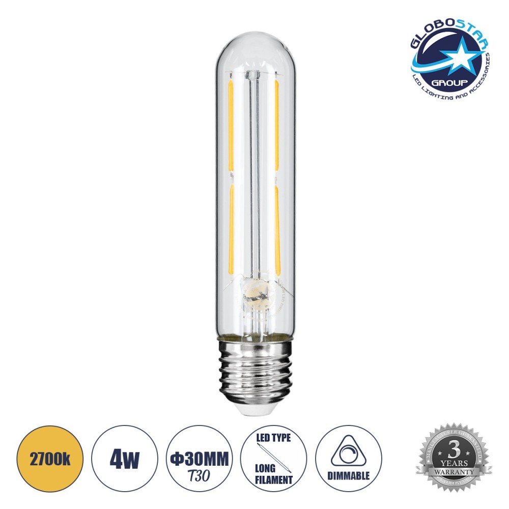 GLOBOSTAR® TUBIS 99019 Λάμπα Σωλήνας E27 T30 LED 4W 400lm 360° AC 220-240V IP20 Θερμό Λευκό 2700K Dimmable - Long Filament Chip - Διάφανο - Μ3 x Π3 x Υ13.5cm - 3 Χρόνια Εγγύηση